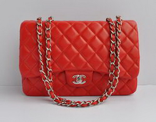 7A Replica Chanel Jumbo A28600 Red Lambskin Leather with Silver Hardware Flap